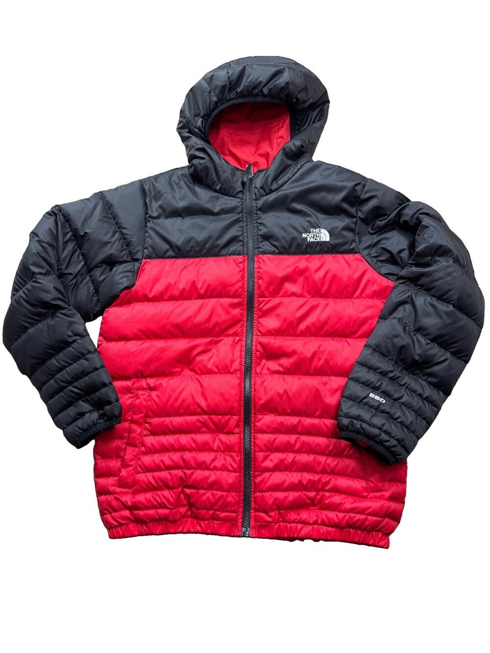 The North Face Boys L 14/16 Reversible 550 Down Puffer Jacket Hooded Red Black